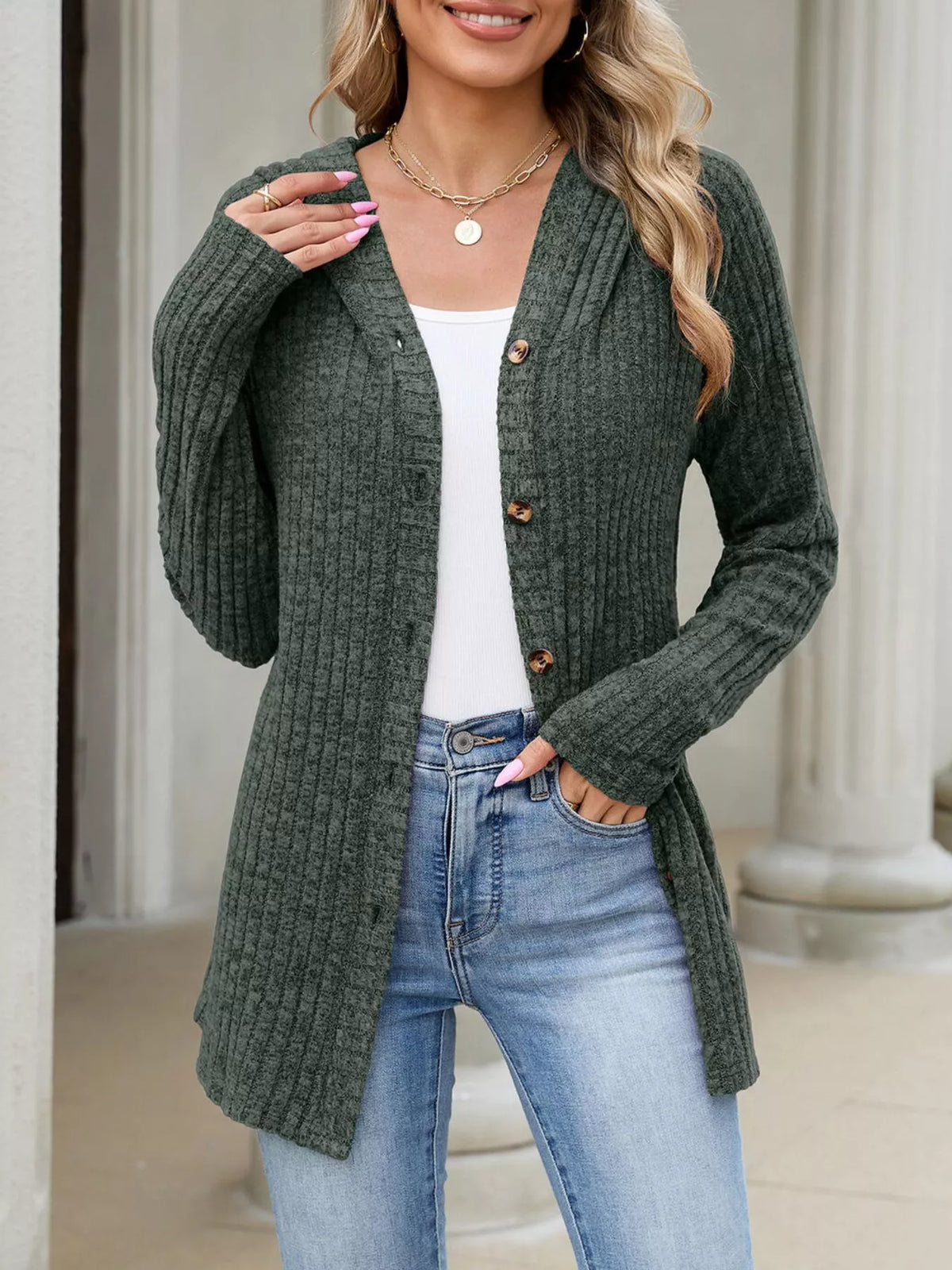 Ribbed Knit Hooded Button-Down Cardigan - Army Green - View 3