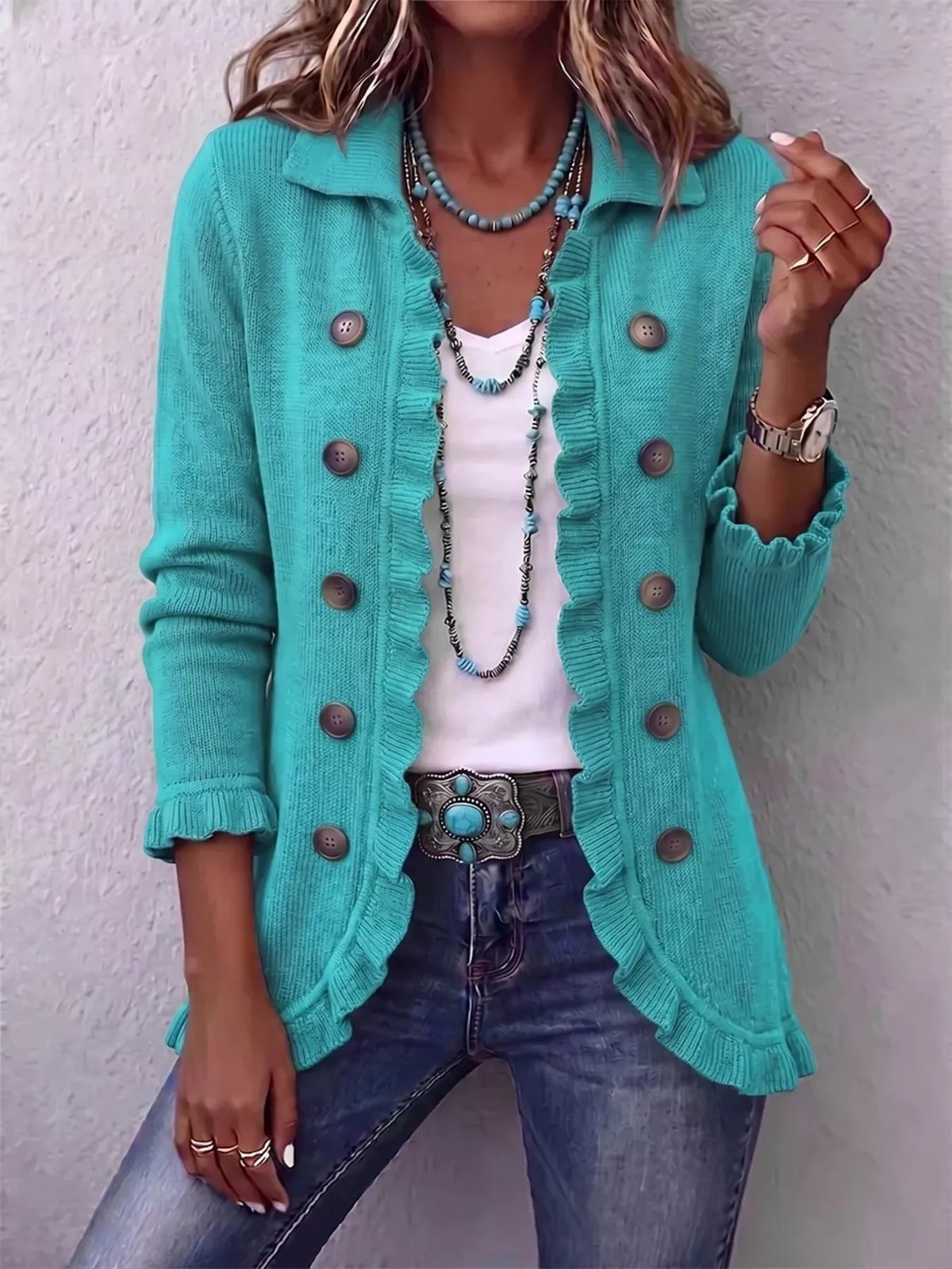 Full Size Ruffled Trim Decorative Button Cardigan Plus Size - Green - View 1