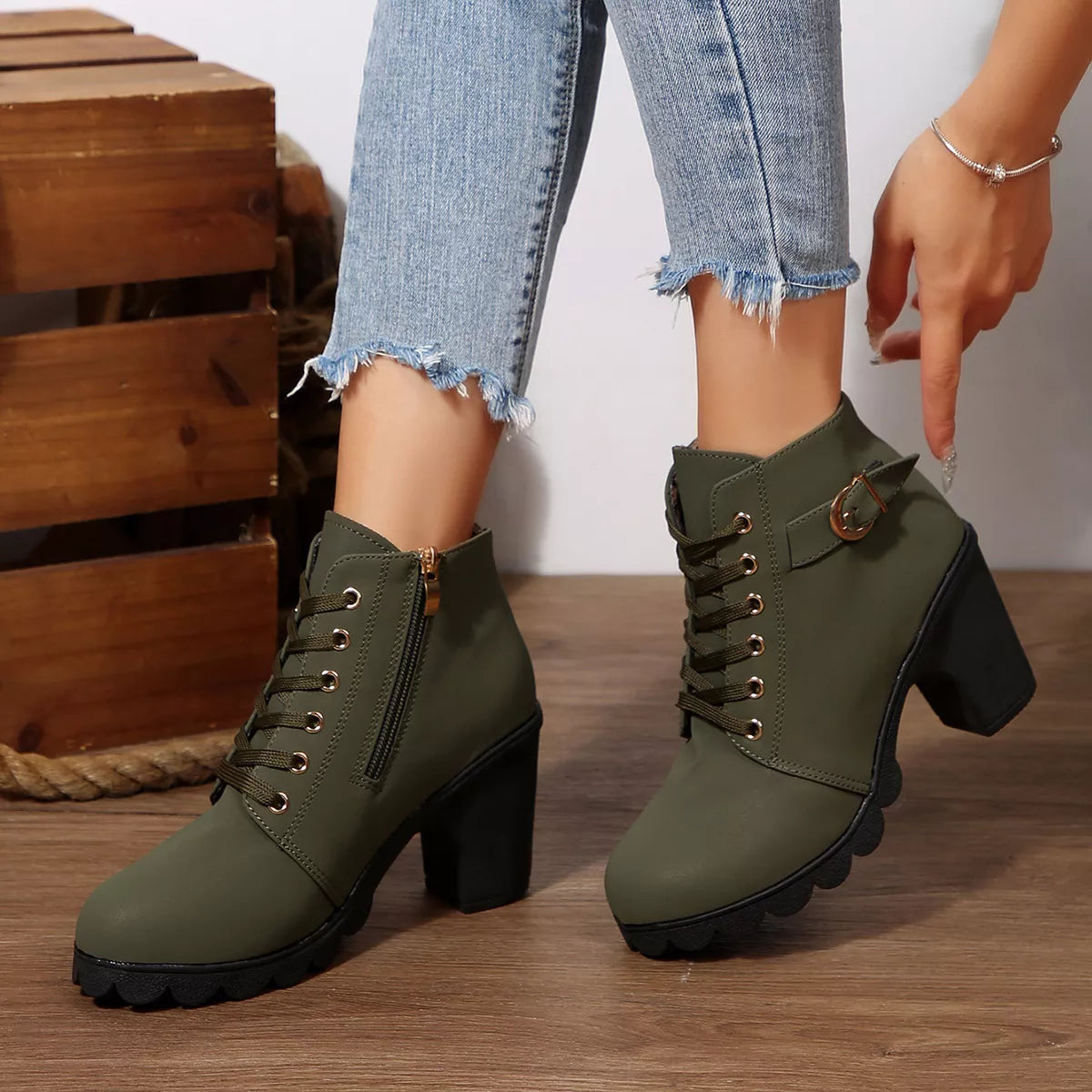 Lace Up Block Heels Boots - Green - View 16