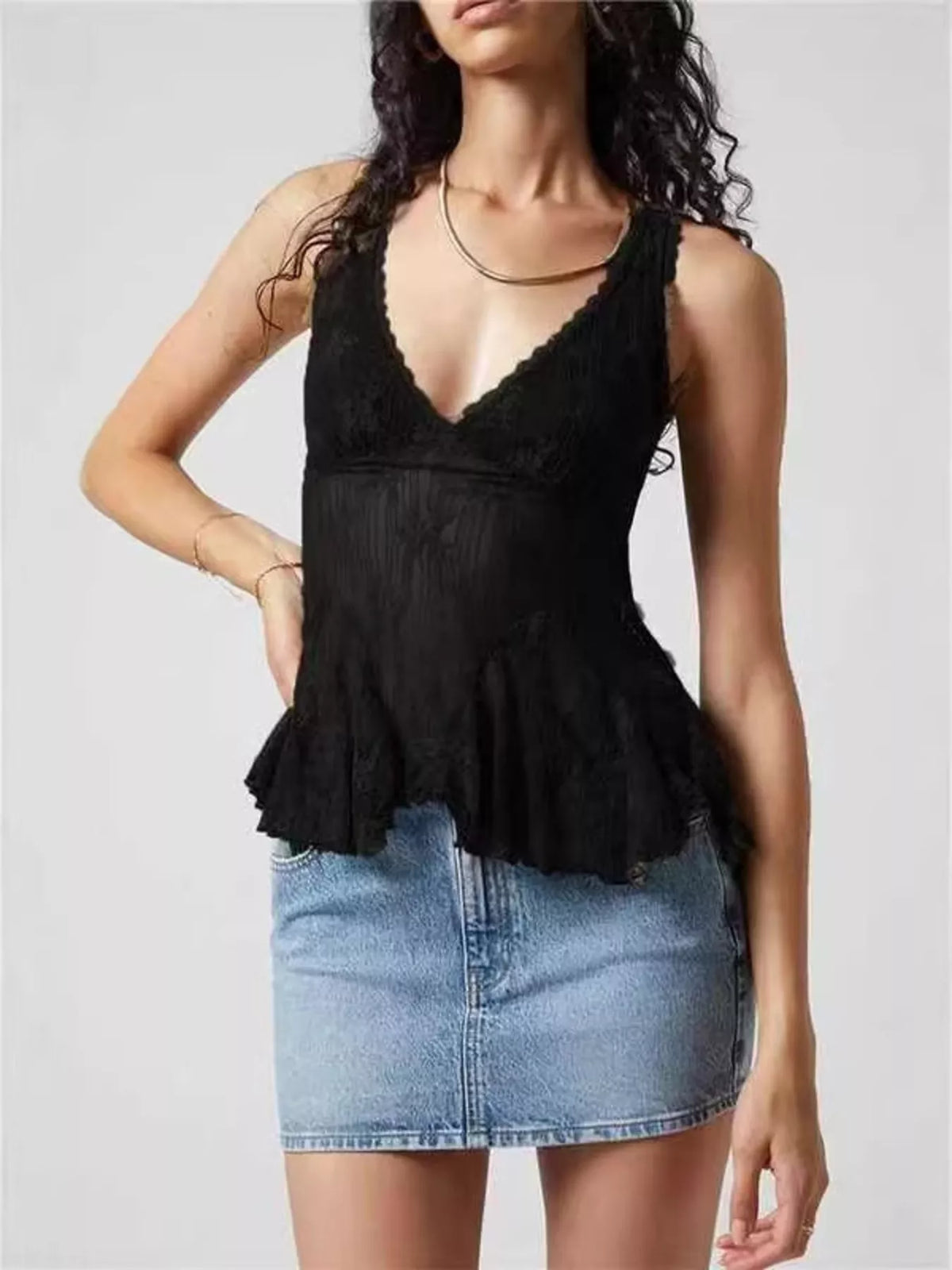 Lace V-Neck Tank - Black - View 1