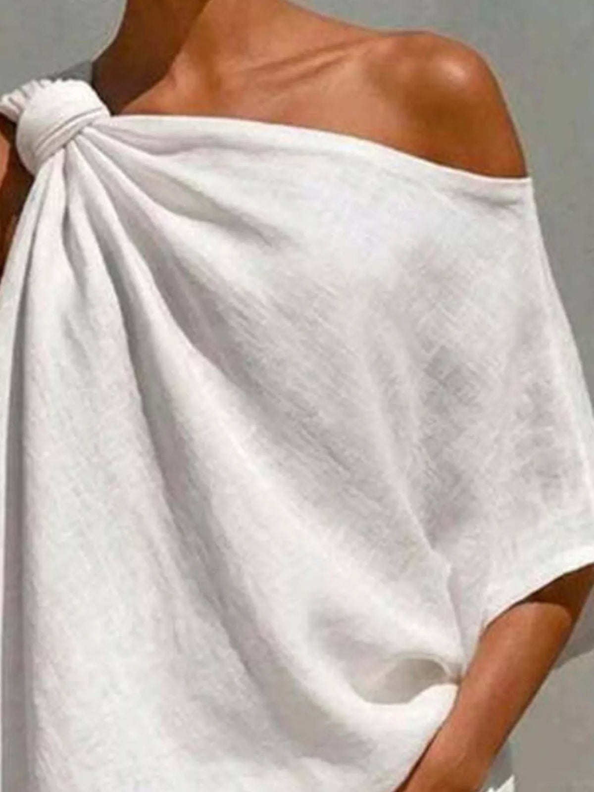 Full Size One-Shoulder Knot Detail Blouse Plus Size - White - View 2