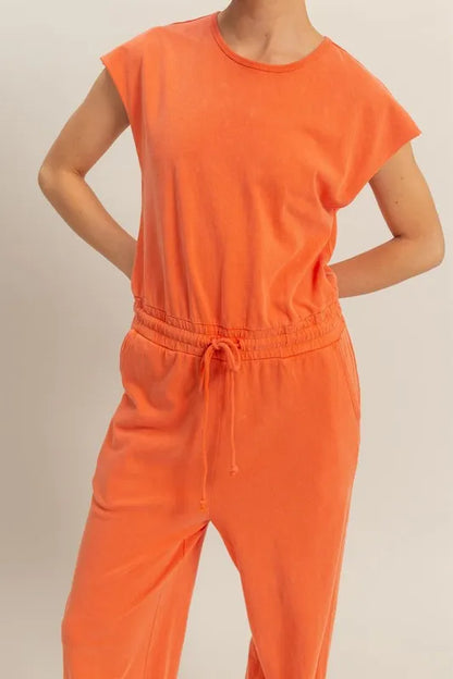 HYFVE Back Keyhole Round Neck Cap Sleeve Drawstring Jumpsuit - Orange - View 5