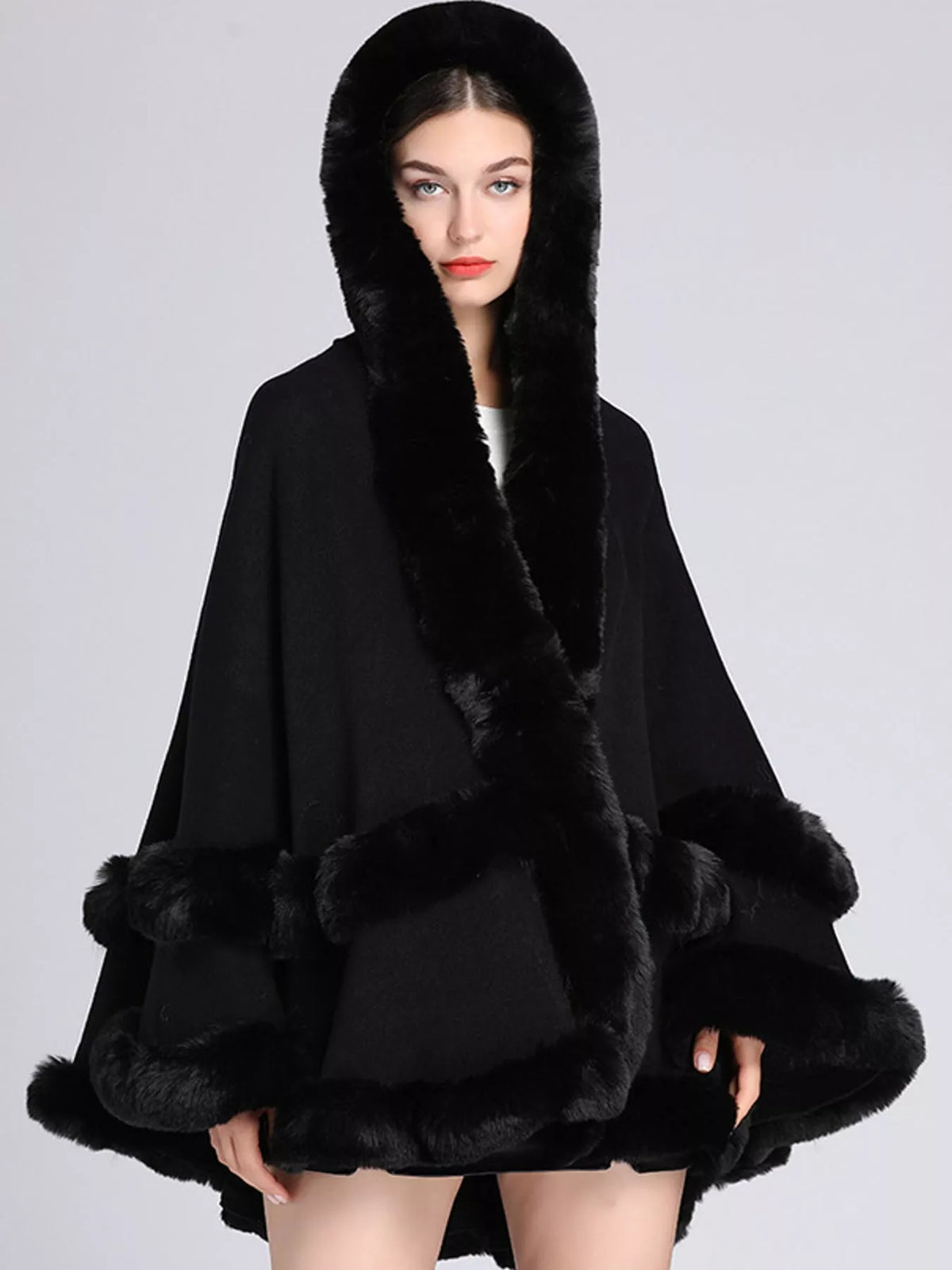 Faux Fur Trimmed Hooded Cape - Black - View 14