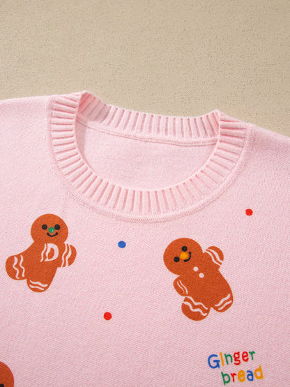 Gingerbread Pattern Long Sleeve Round Neck Sweater - Blush Pink - View 5