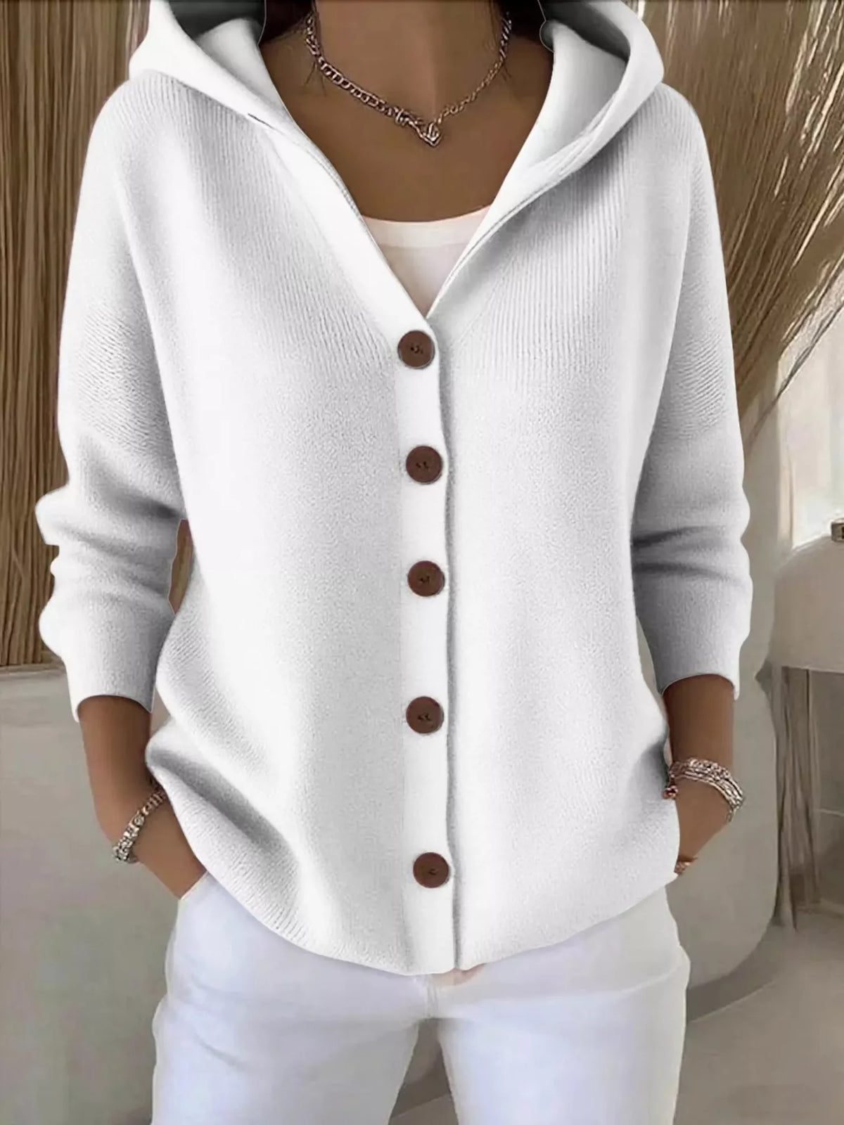 Full Size Hooded Button-Down Knit Cardigan Plus Size - White - View 37