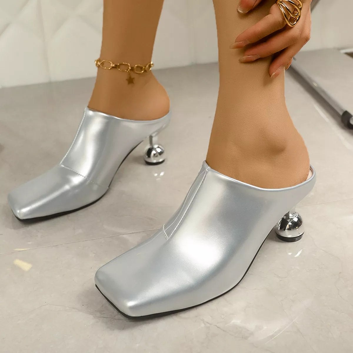 Square Toe Block Heels Sandals - Silver - View 4