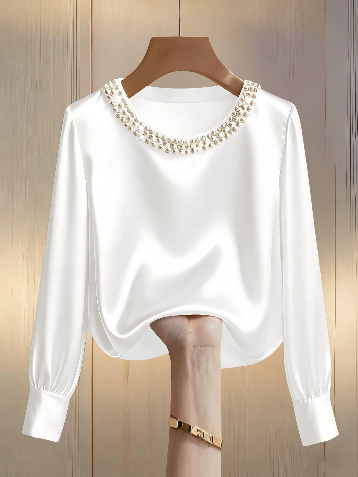Pearl Trim Round Neck Satin Blouse - White - View 5
