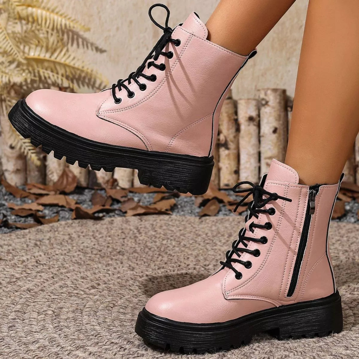 Round Toe Block Heels Boots - Pink - View 13
