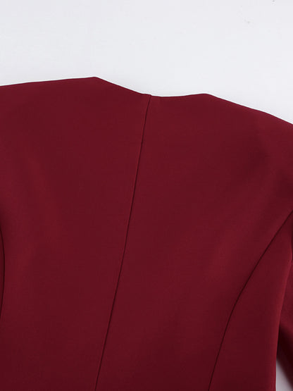 Button Up Peplum Blazer & Skirt Set - Burgundy - View 11