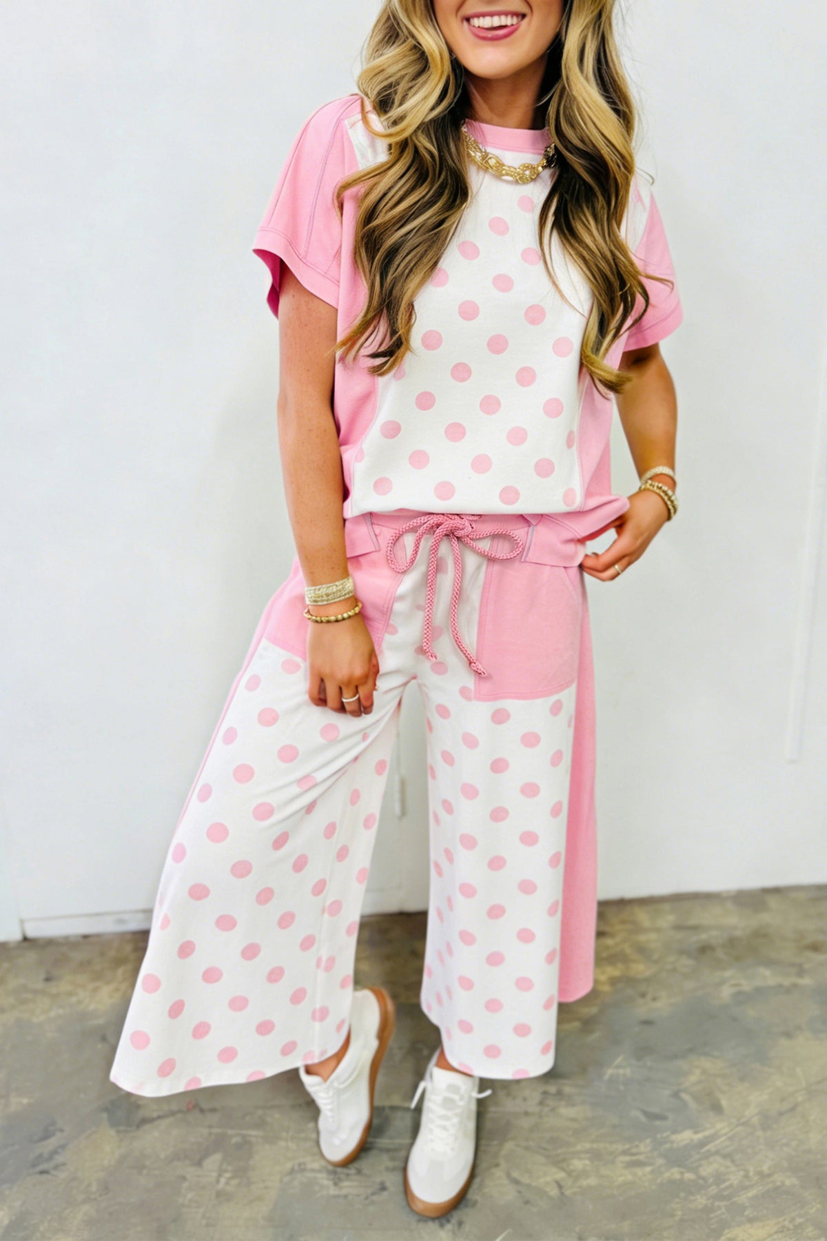 Green Color Block Patchwork Polka Dot Wide Leg Pant Set - Pink - 4