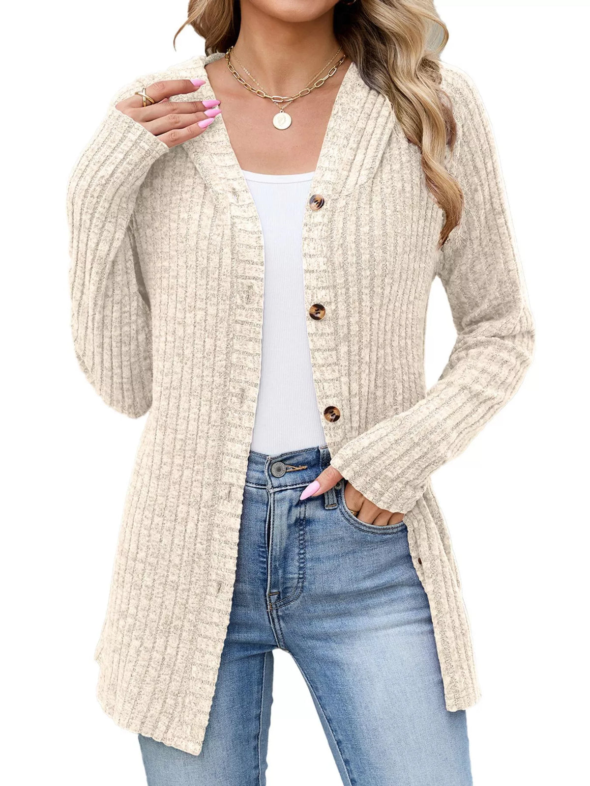 Ribbed Knit Hooded Button-Down Cardigan - Apricot Color - View 2
