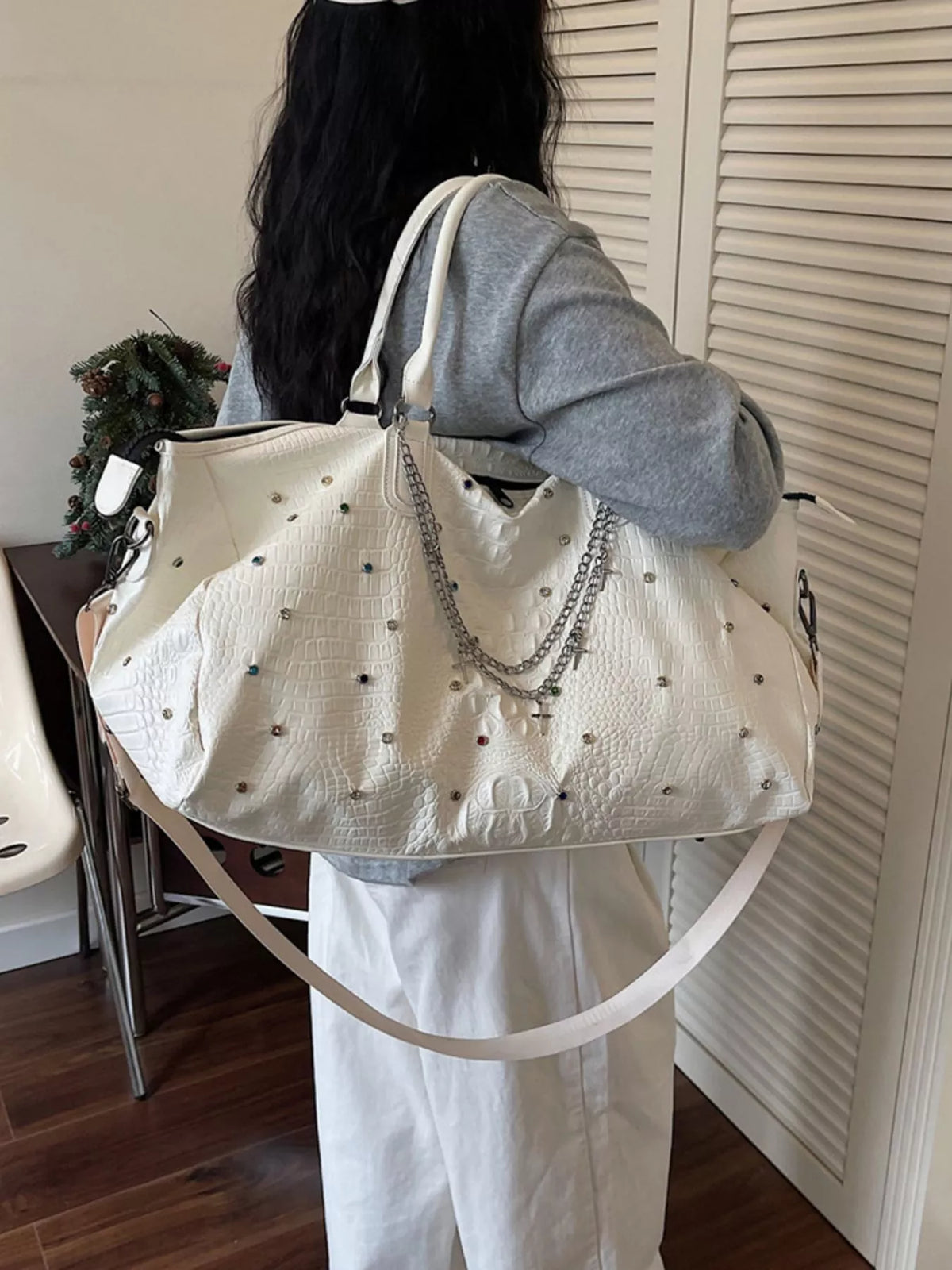 Studded Large Capacity Travel Bag - Ivory - View 6