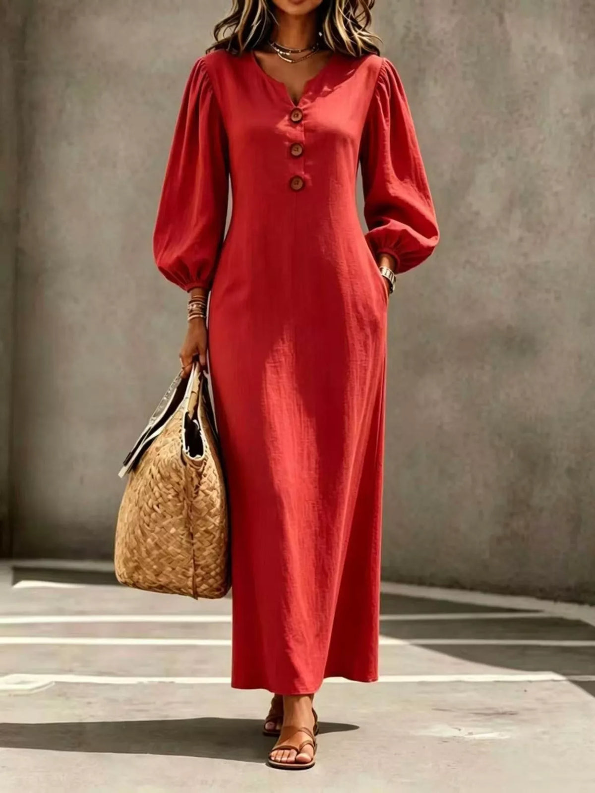 Decorative Button Balloon Sleeve Maxi Dress - Scarlet - View 1