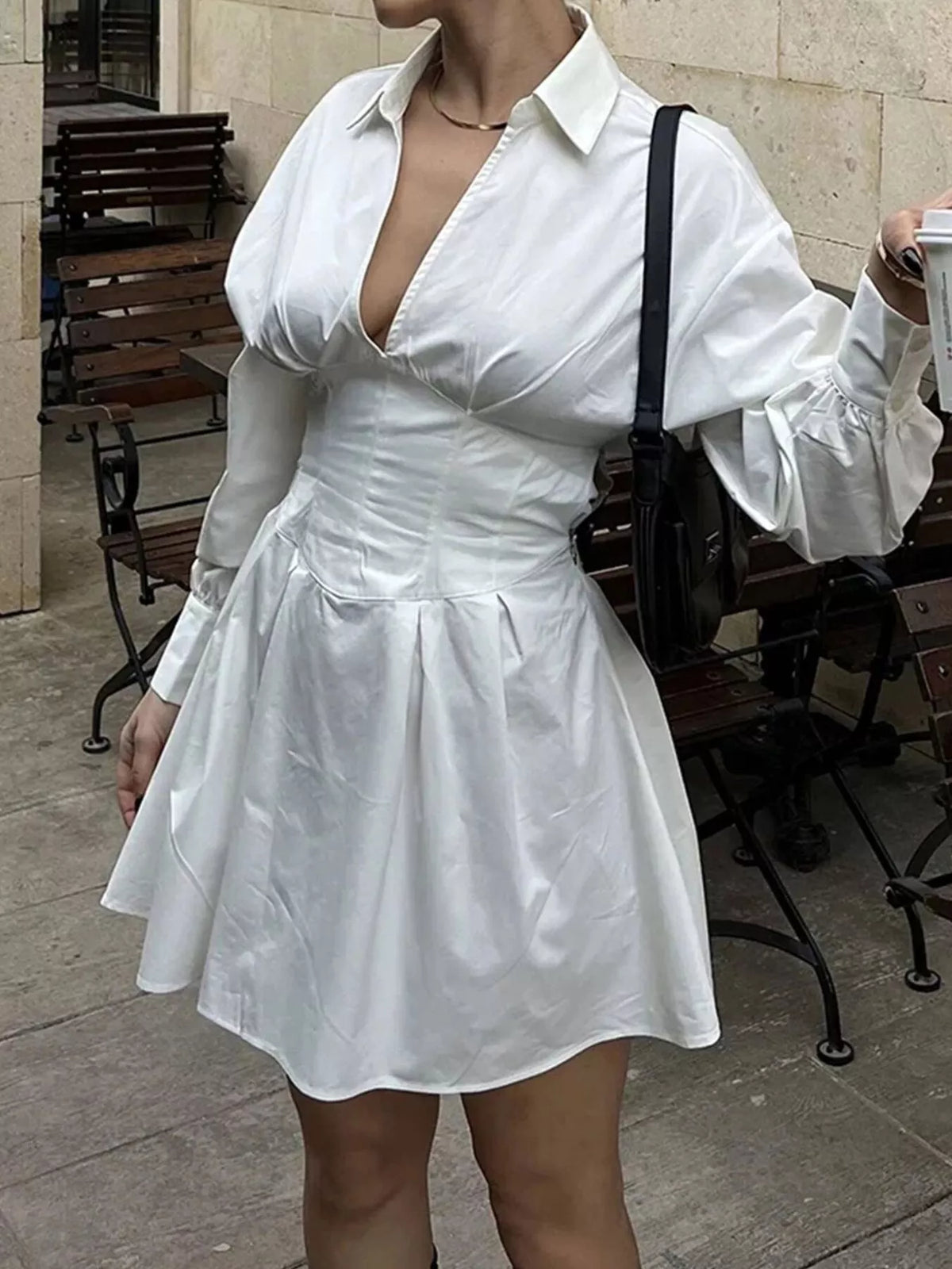 Collared Neck Lantern Sleeve Mini Dress - White - View 4