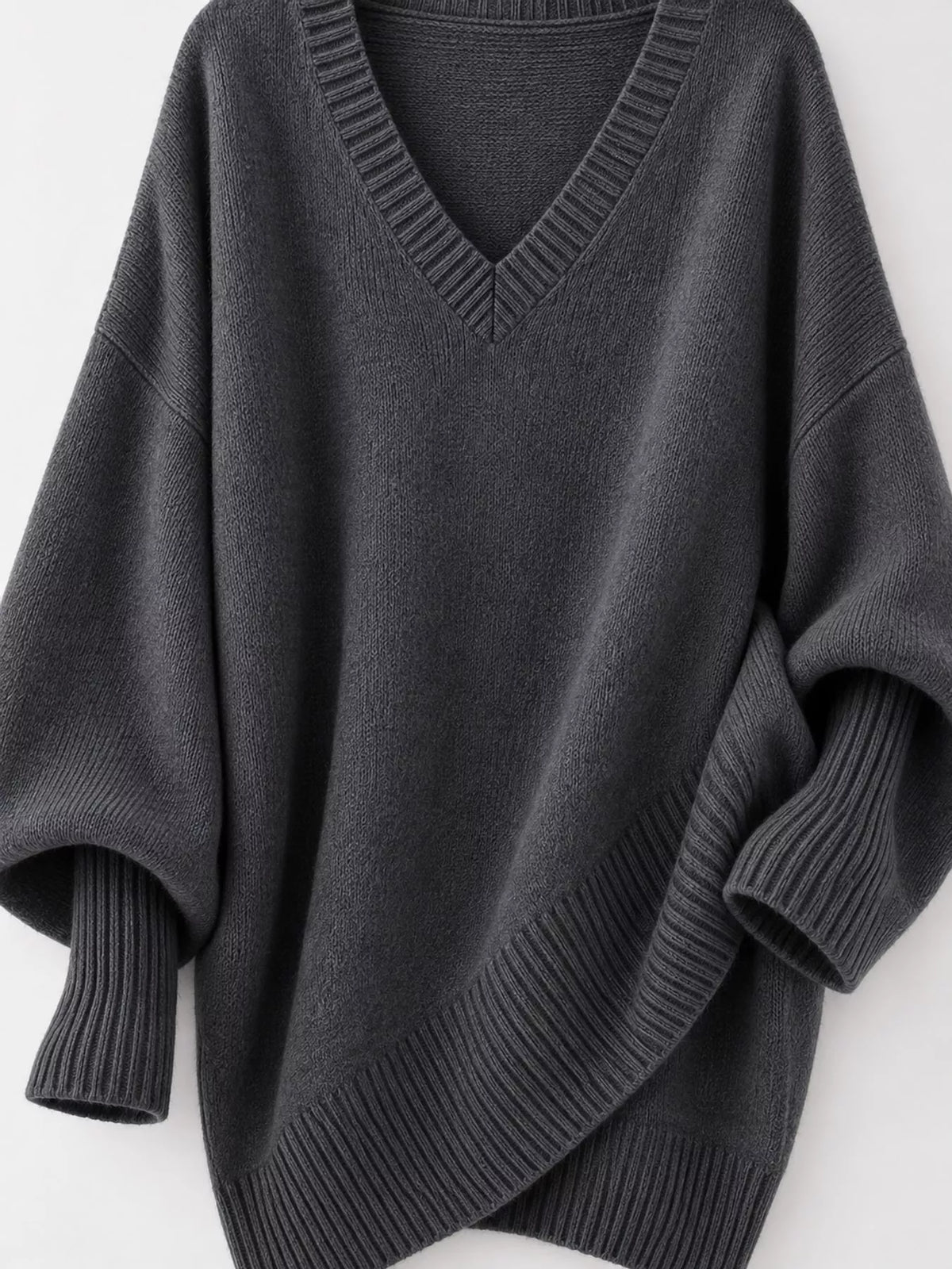 Full Size V-Neck Oversized Batwing Sleeve Sweater Plus Size - Dark Gray - View 29