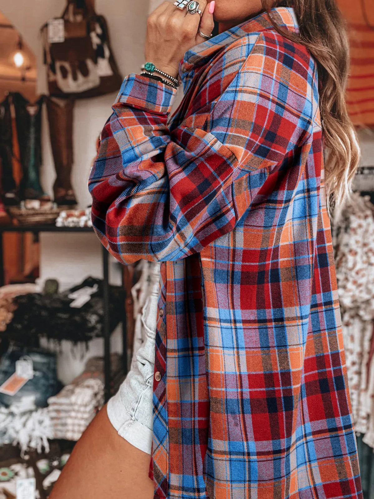 Plaid Button Up Long Sleeve Shirt - Red - View 22