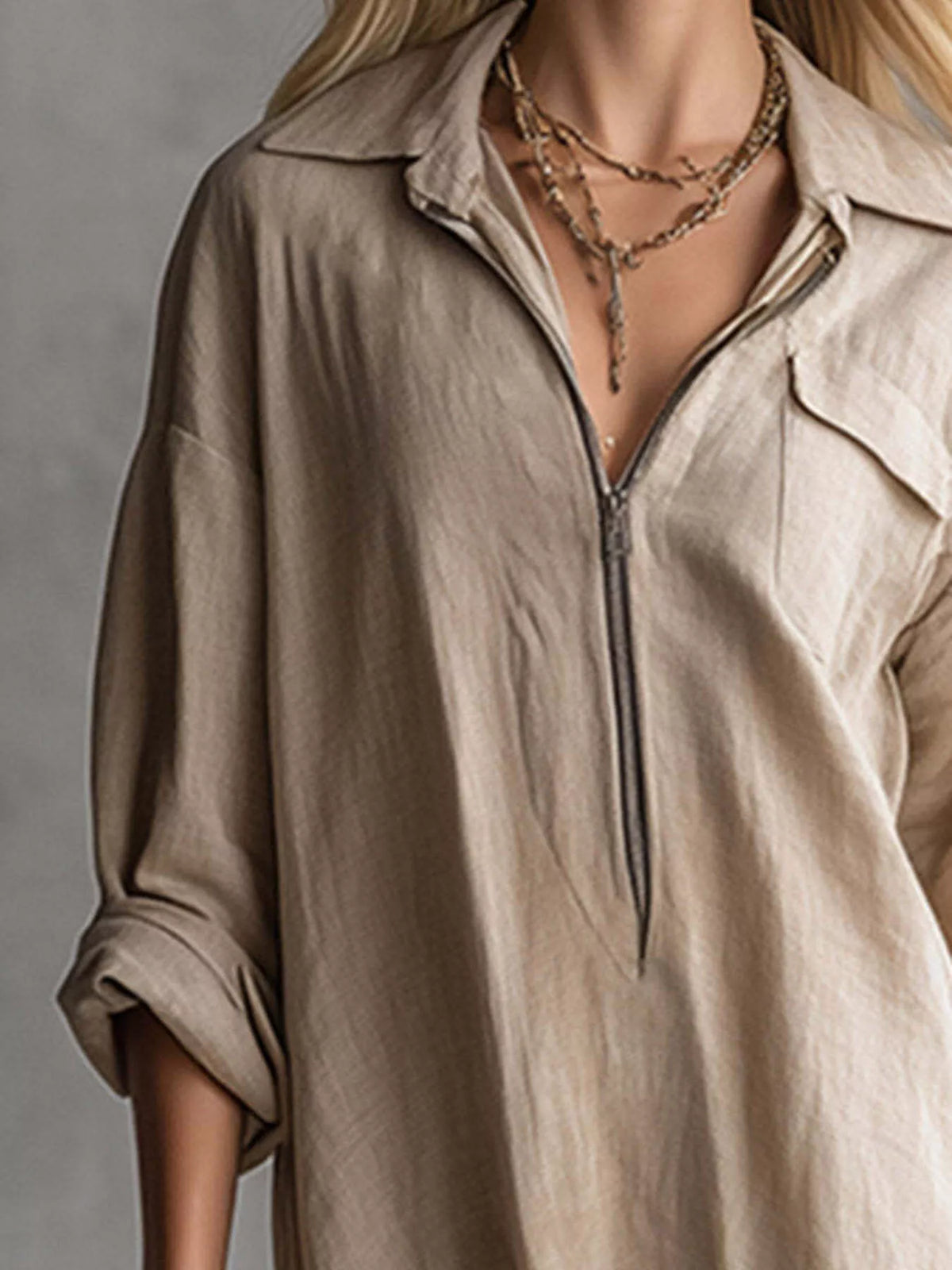 Zipper-Front Fringe Hem Midi Dress - Khaki - View 2