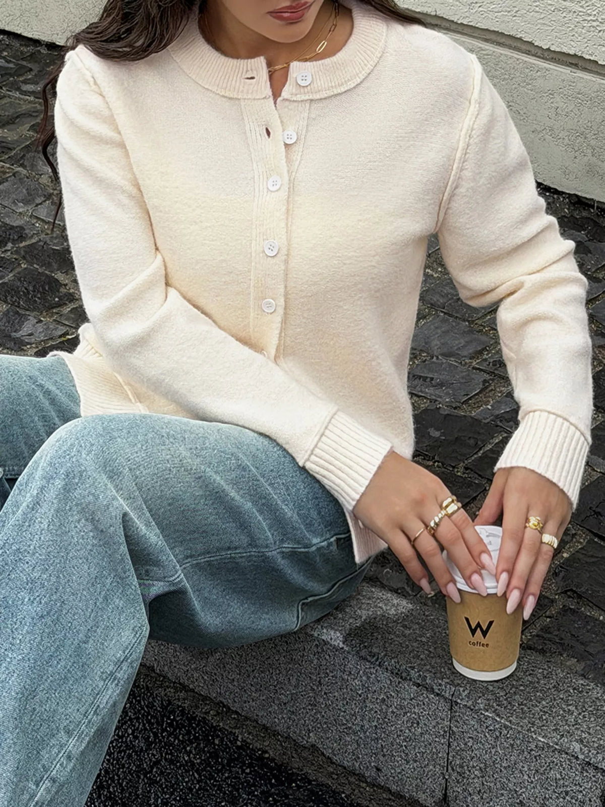 Button-Down Knit Cardigan - Beige - View 4