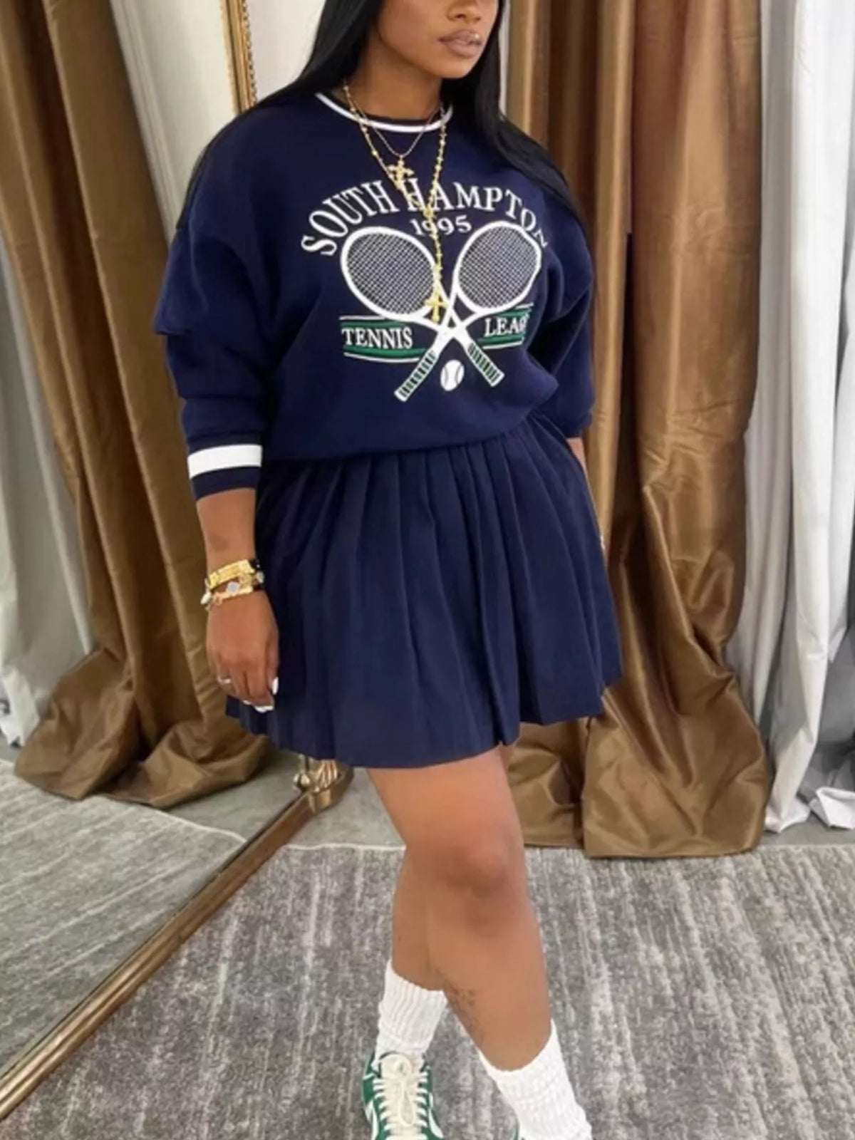 Graphic Sweatshirt & Pleated Skirt Set - Navy Blue - View 1