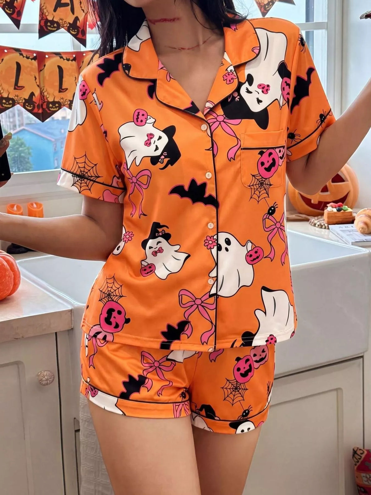Halloween Ghost Print Button-Down Top and Shorts Lounge Set - Orange - View 1