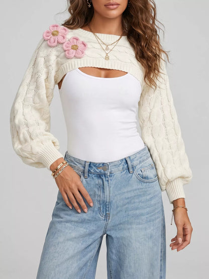 Floral Applique Cable Knit Cover Up - White - View 3