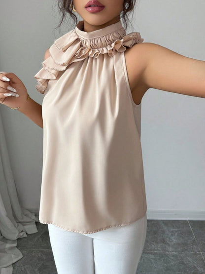 Ruffle High Neck Sleeveless Top - Apricot - View 4
