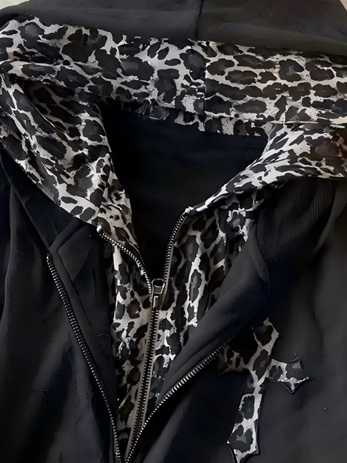 Gothic Cross Leopard Lined Zip-Up Hoodie - Black - View 2