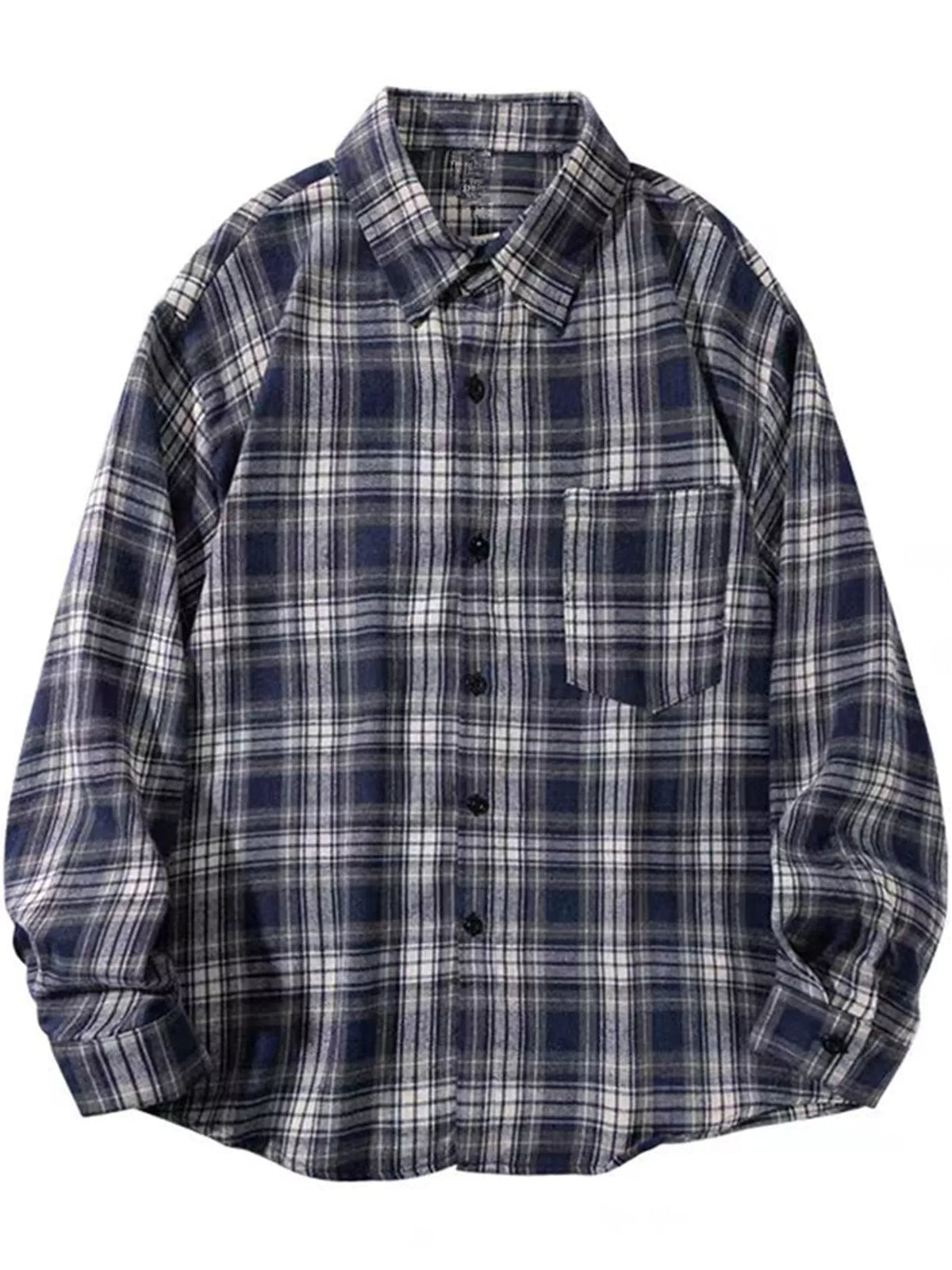 Casual Loose Fit Plaid Shirt - Navy-Plaid - View 5
