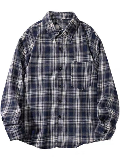Casual Loose Fit Plaid Shirt - Navy-Plaid - View 5
