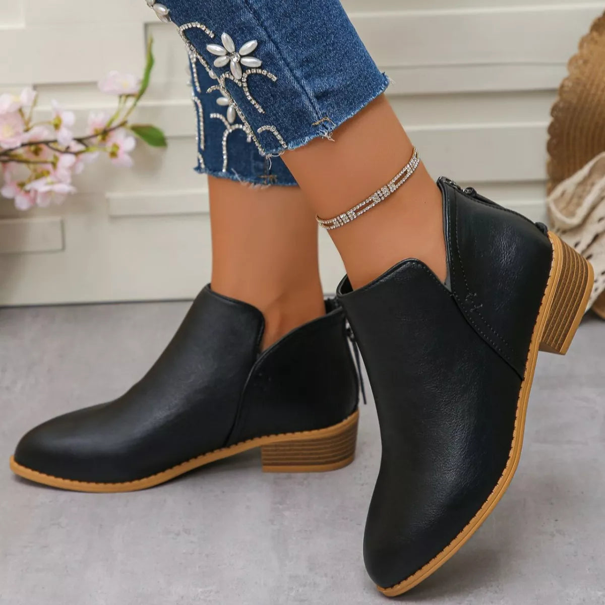 Point Toe Block Heels Boots - Black - View 27