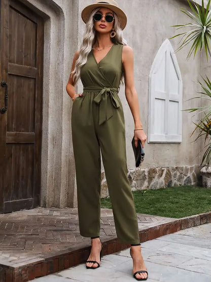 Surplice Tie Waist Sleeveless Jumpsuit - Army Green - View 1