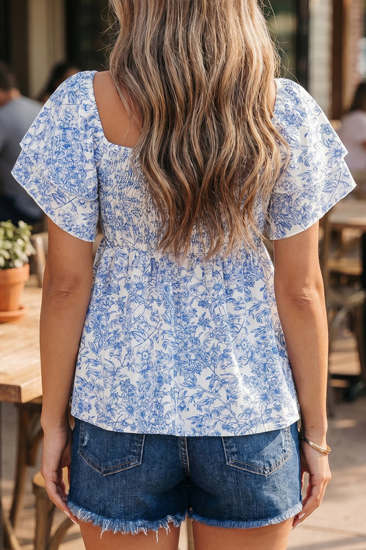 Sky Blue Floral Shirred Babydoll Blouse - Sky Blue - 2