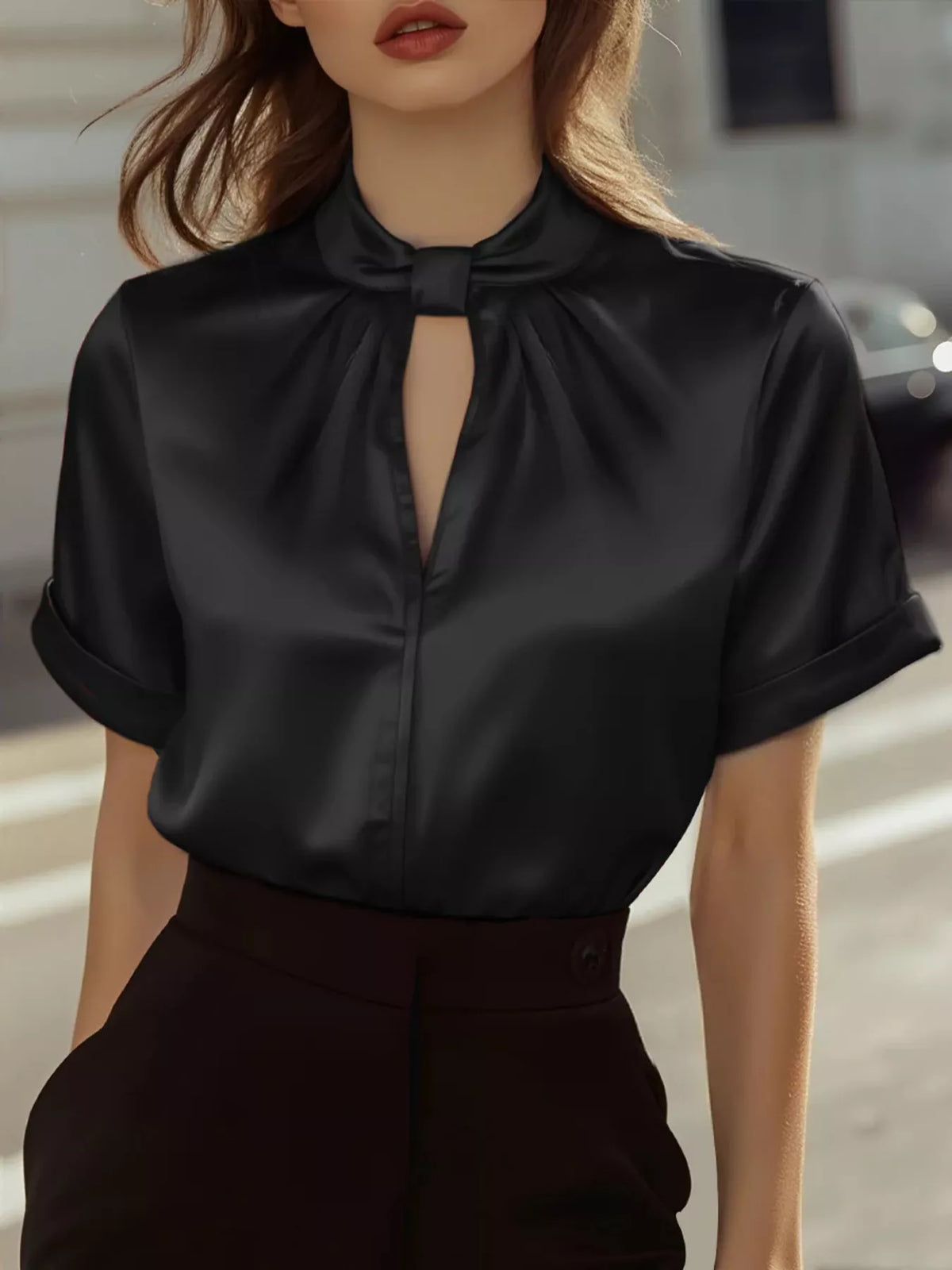 Keyhole Neck Satin Blouse - Black - View 3