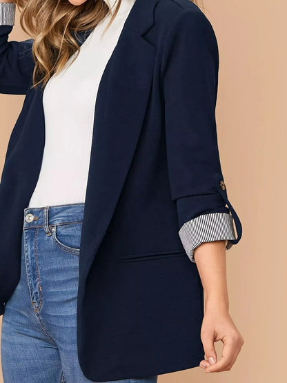 One Button Roll-Up Sleeve Blazer - Navy Blue - View 5