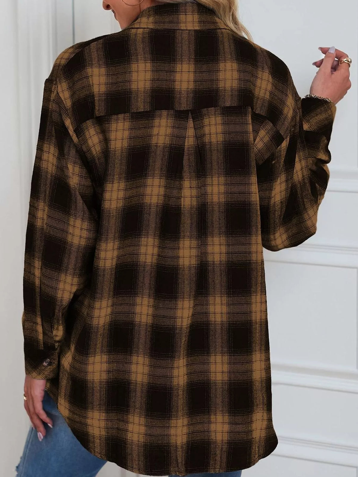 Plaid Button-Down Oversized Shirt - Khaki - View 29