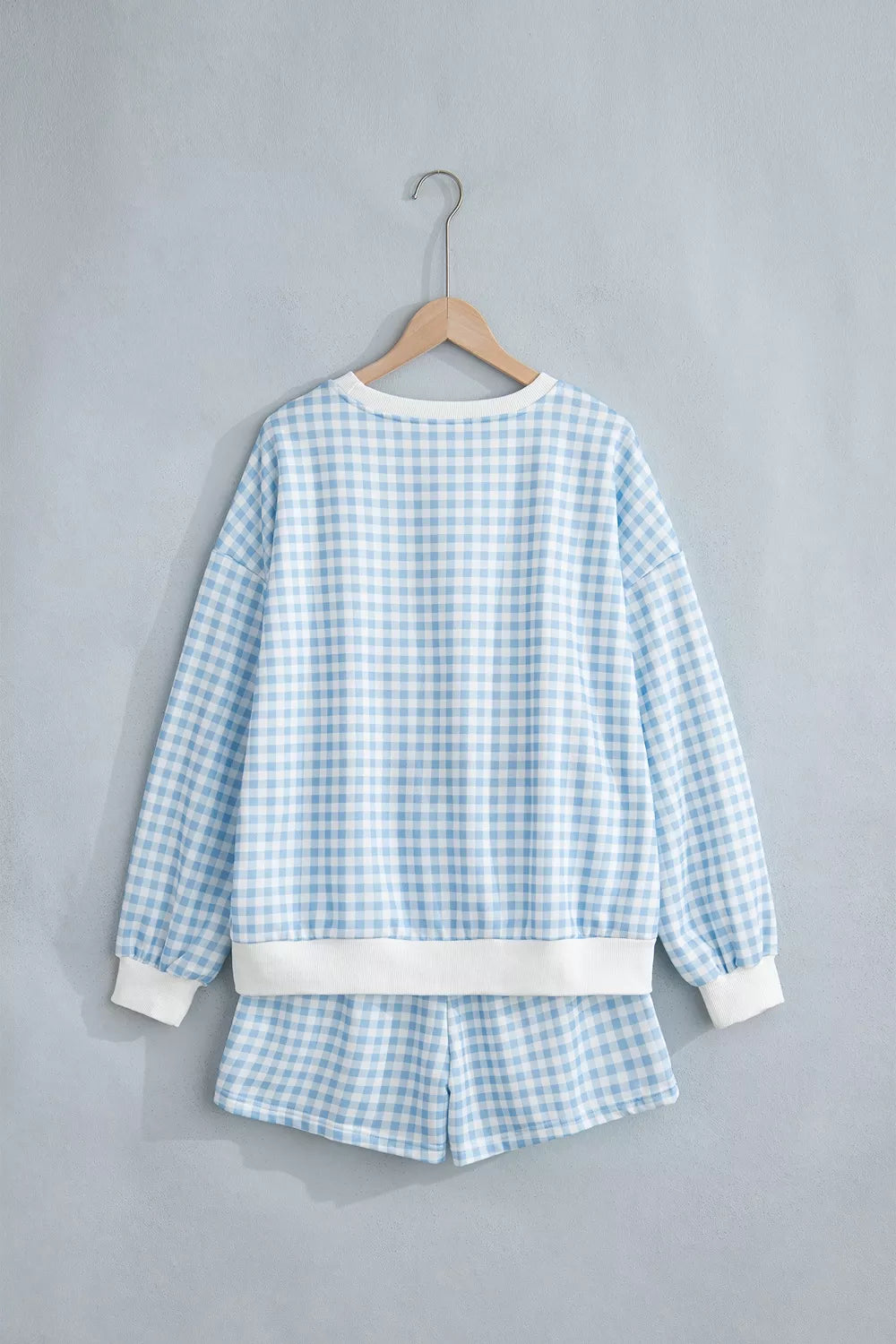 Gingham Long Sleeve Sweatshirt and Shorts Set - Light Blue - View 5