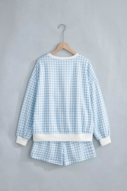 Gingham Long Sleeve Sweatshirt and Shorts Set - Light Blue - View 5