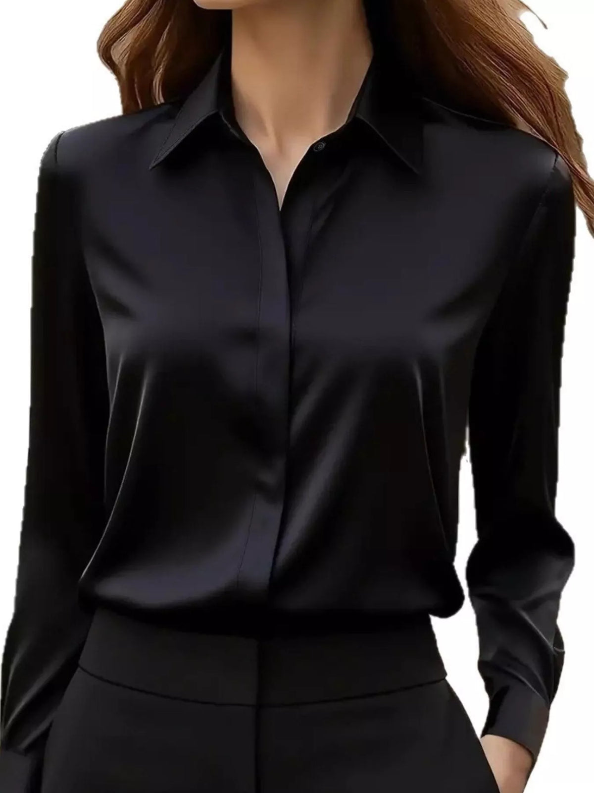 Button Down Collared Neck Long Sleeve Shirt - Black - View 4