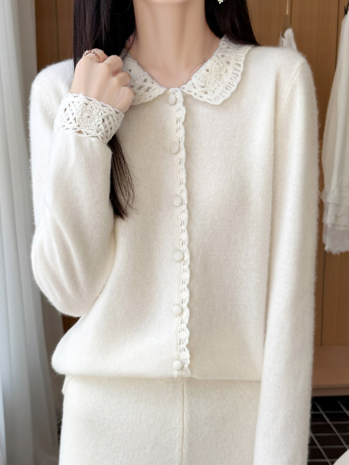 Lace-Collar Button Down Knit Cardigan - White - View 15