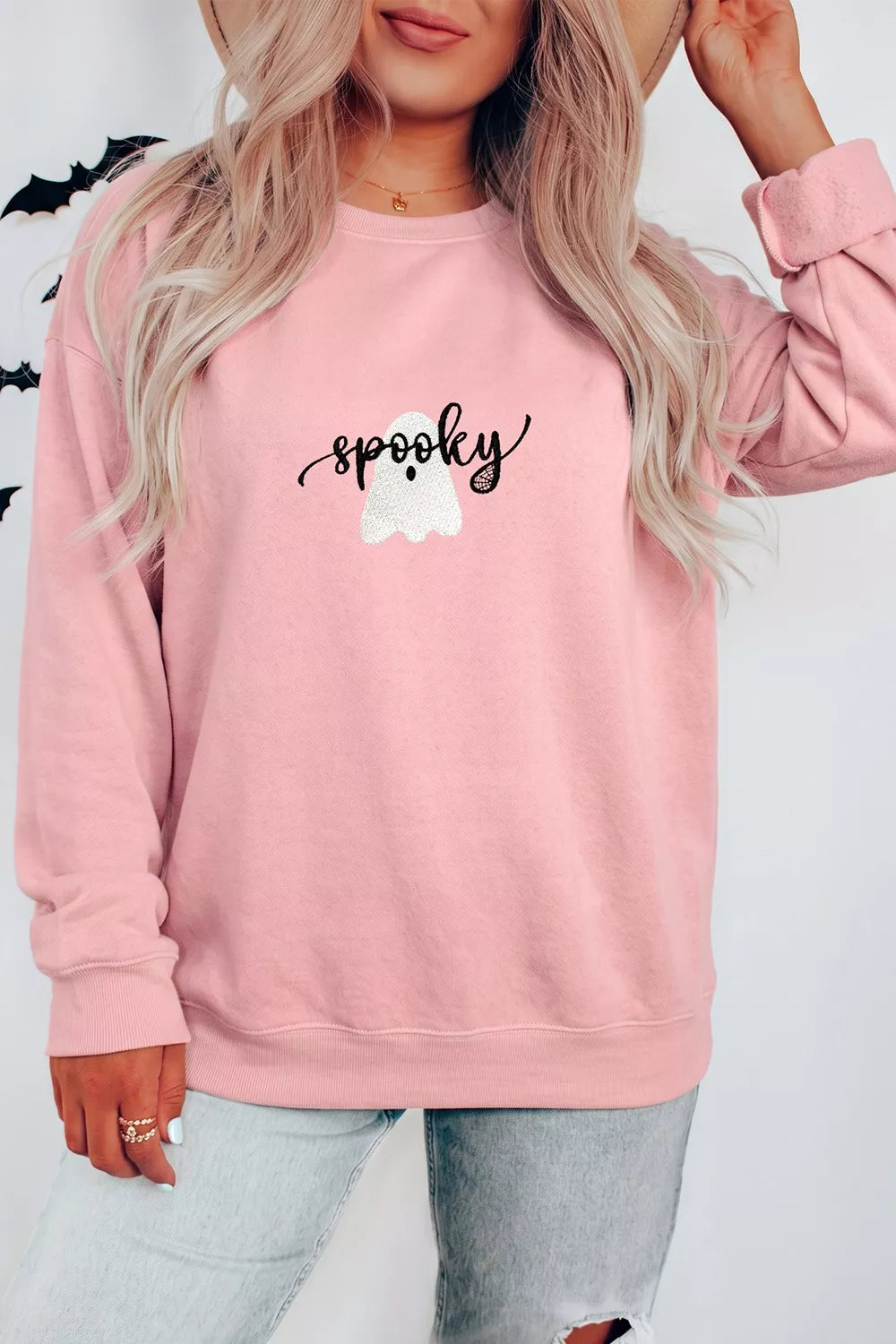 Halloween Ghost Graphic Round Neck Sweatshirt - Dusty Pink - View 3