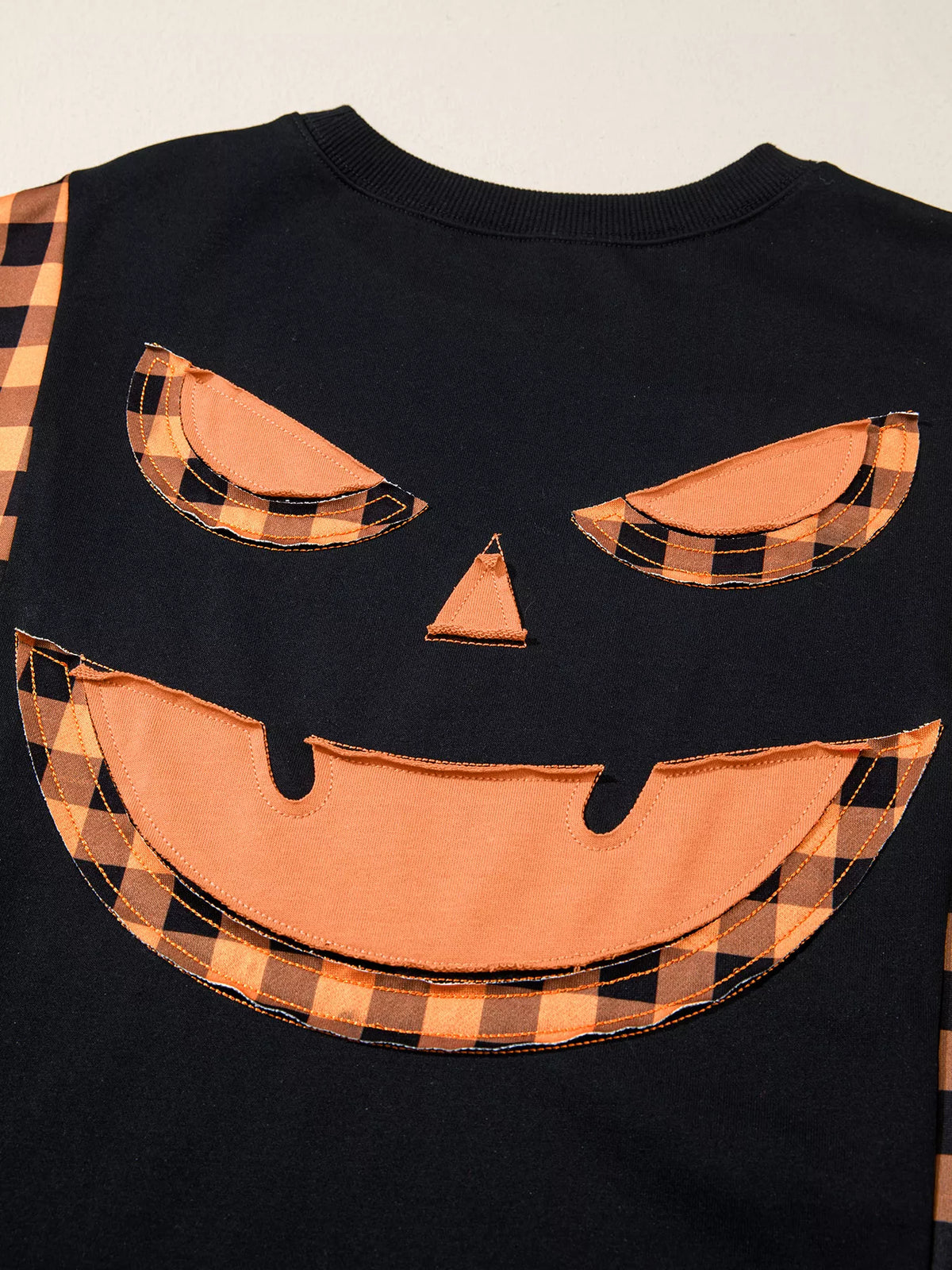 Patchwork Plaid Pumpkin Face Long Sleeve Top - Black - View 7