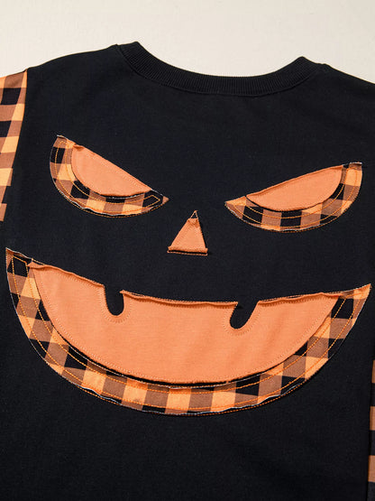 Patchwork Plaid Pumpkin Face Long Sleeve Top - Black - View 7