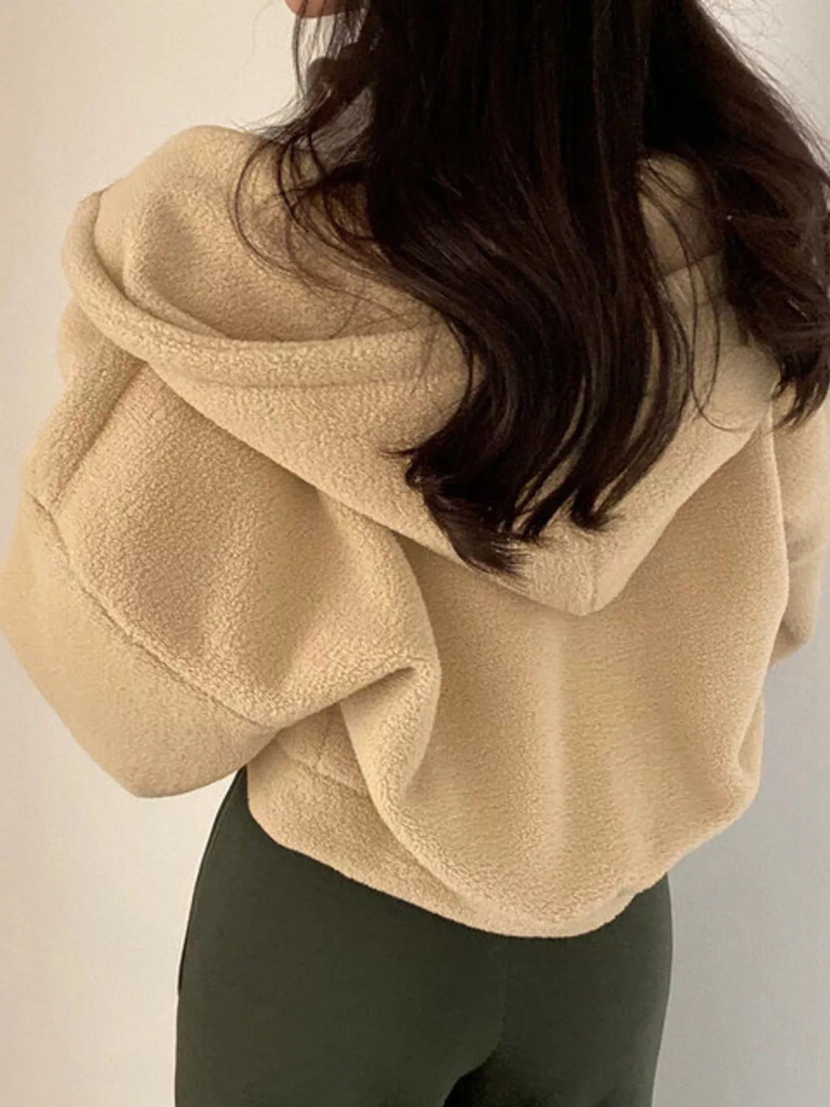 Oversized Sherpa Zip-Up Hoodie - Khaki - View 21