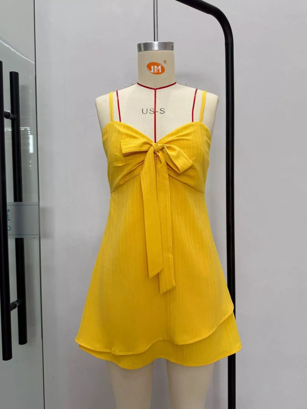 Spaghetti Strap Bow-Front Layered Mini Dress - Yellow - View 4