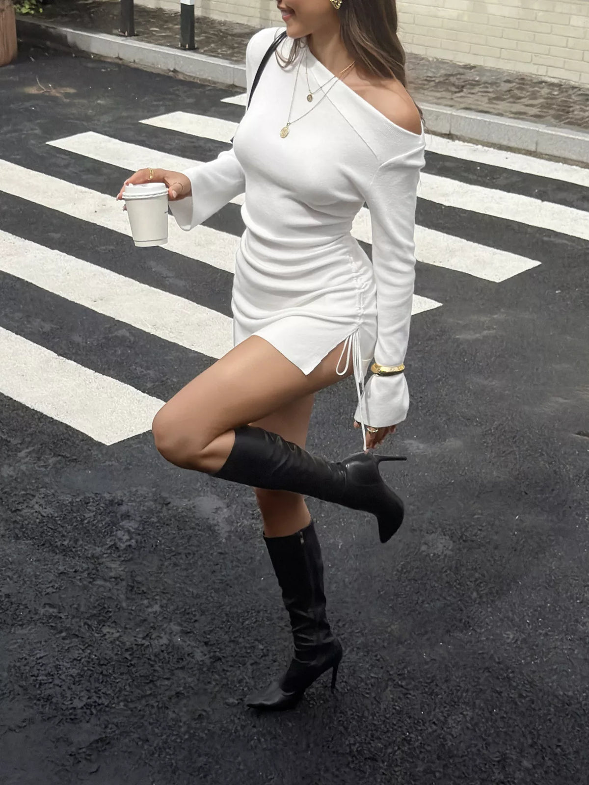 Side Drawstring Ruched Bodycon Knit Dress - White - View 4