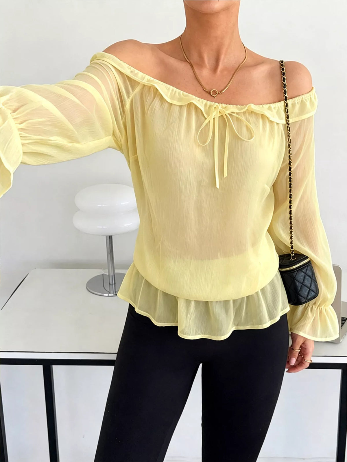 Off-Shoulder Flounce Sleeve Chiffon Blouse - Light Yellow - View 1