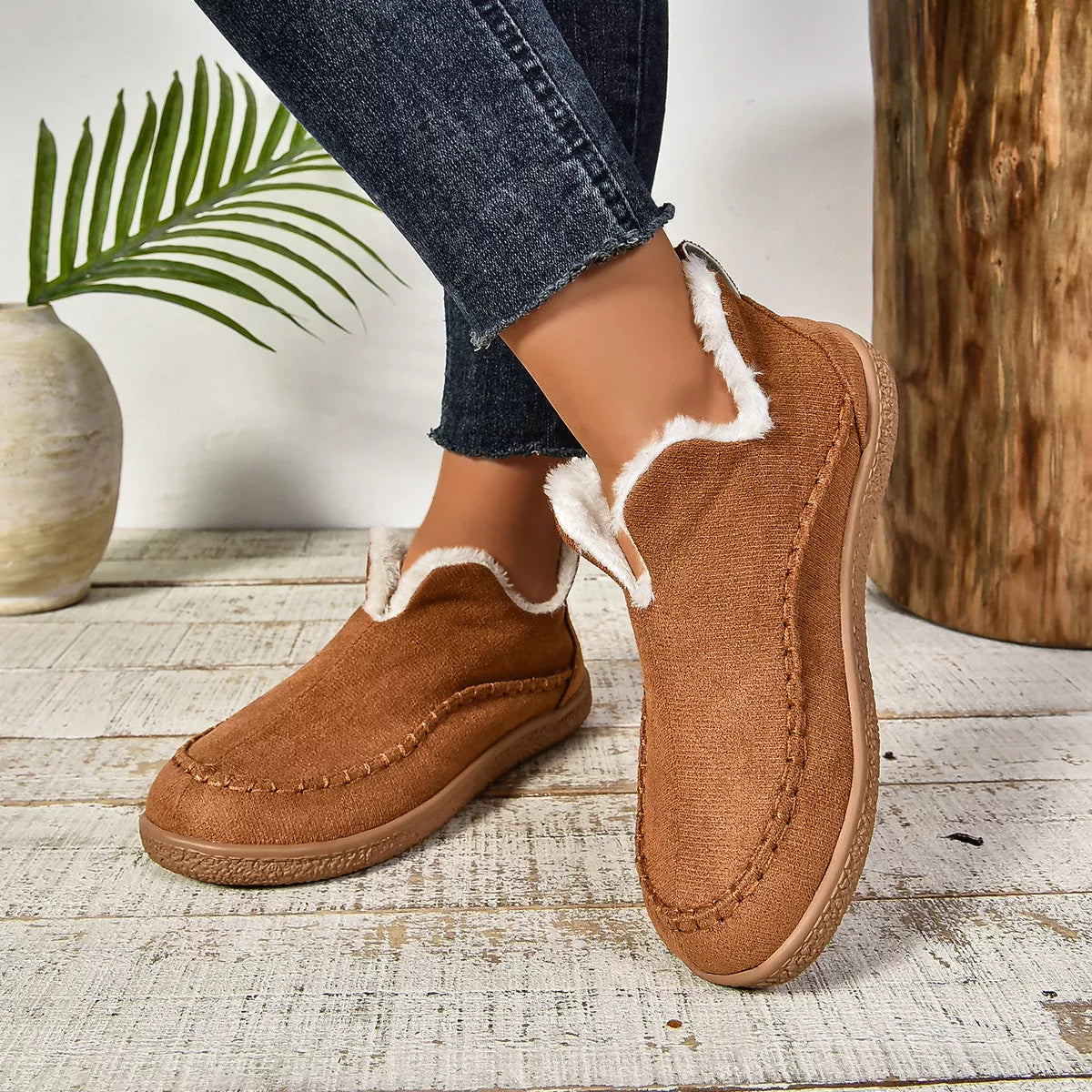 Round Toe Plush Lined Shoes - Tan - View 1