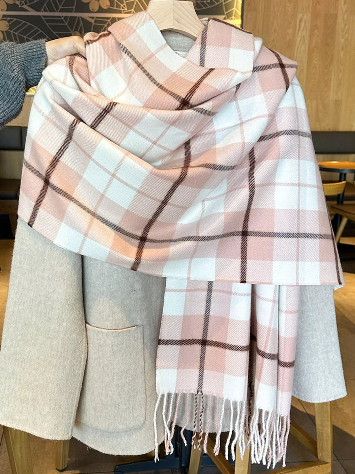 Classic Plaid Fringe Scarf - Pink - View 6