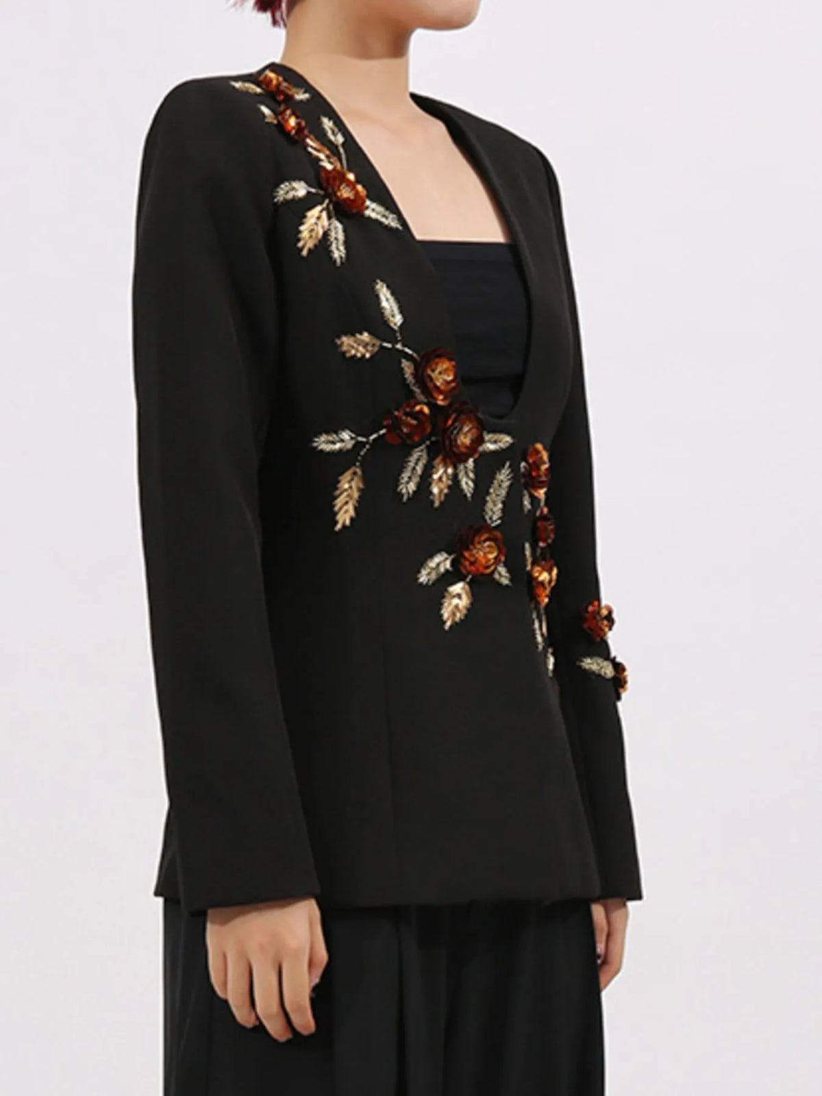 Embroidered Long Sleeve Blazer - Black - View 7