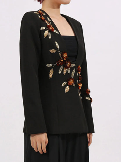 Embroidered Long Sleeve Blazer - Black - View 7